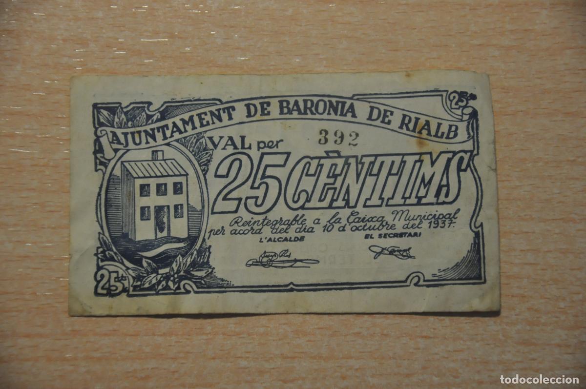 Billetes locales: billete ajuntament baronia de rialb, vint-i-cinc centims