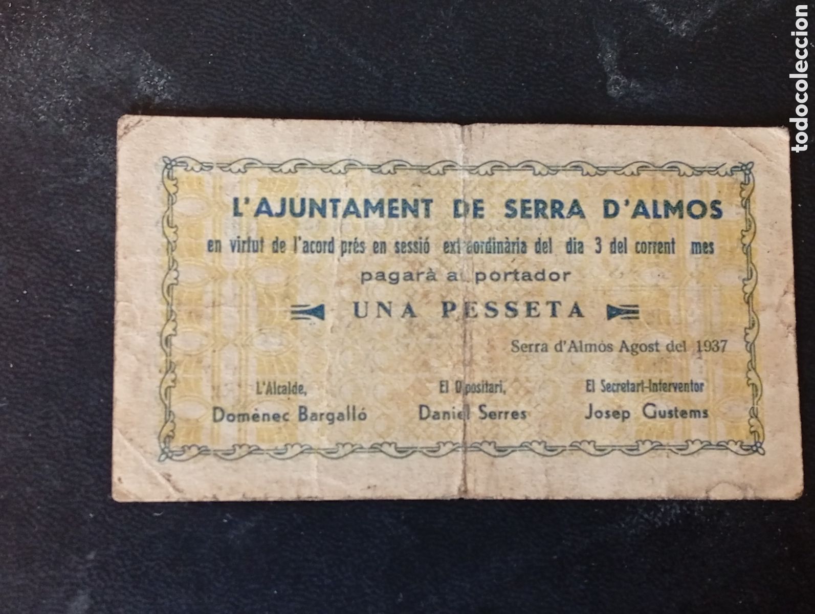 Billetes locales: Billete de 1 peseta Serra de Almos 1937 guerra civil