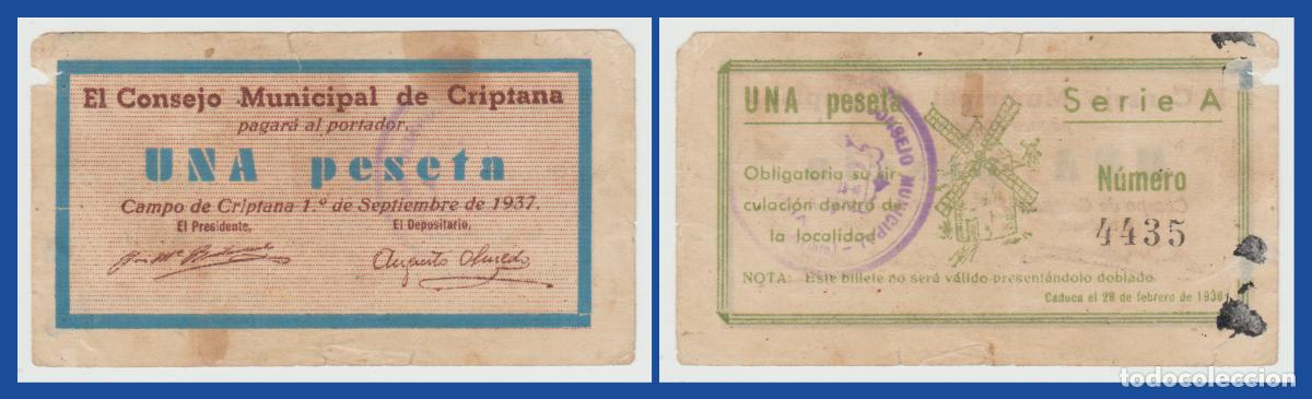 Billetes locales: Criptana ( Ciudad Real) - 1 Peseta - 2&ordf; Emision de 1&ordm; de Septiembre del 37 - Serie n&ordm; 4.435