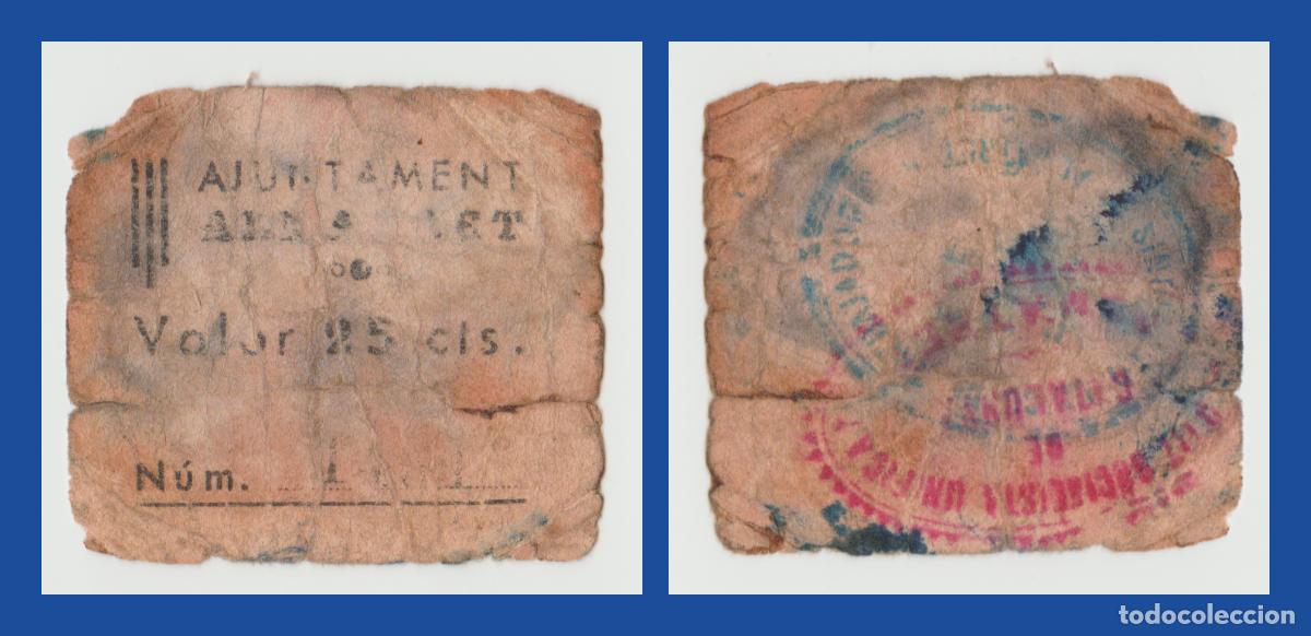 Billetes locales: Almatret (Lleida) - 25 centimos - 3&ordf; Emision del 1937 - Serie n&ordm;. 1.483 - Sellos azul y rojo RR.