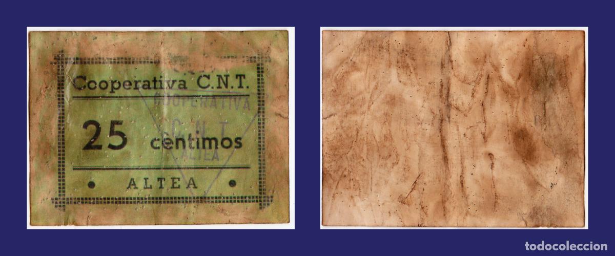 Billetes locales: 1937 - Altea (Alicante) - 25 centimos - 1&ordf; Emision - Cooperativa C.N.T. - Sello de Imprenta C.N.T.