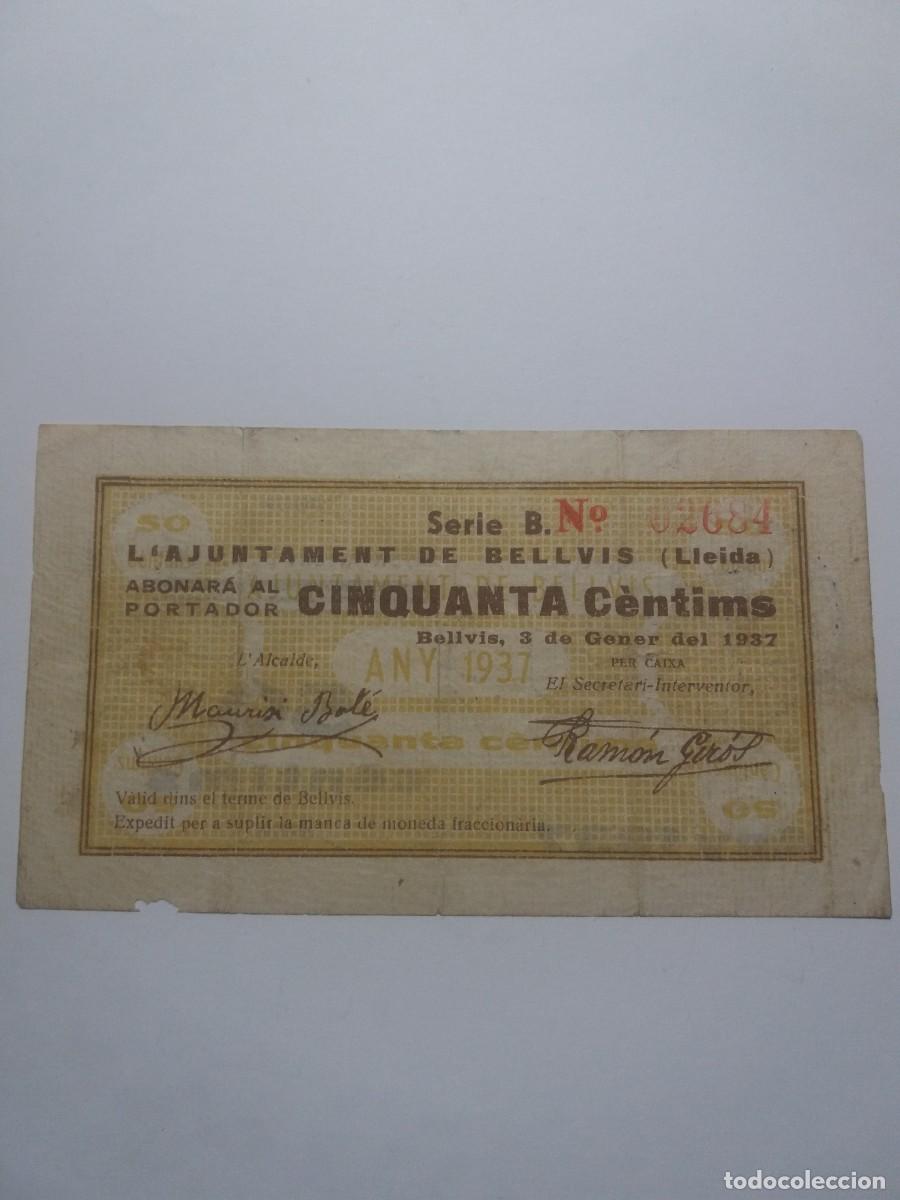 Billetes locales: Billete 50 C&egrave;ntims Ajuntament BELLVIS 3 Gener 1937