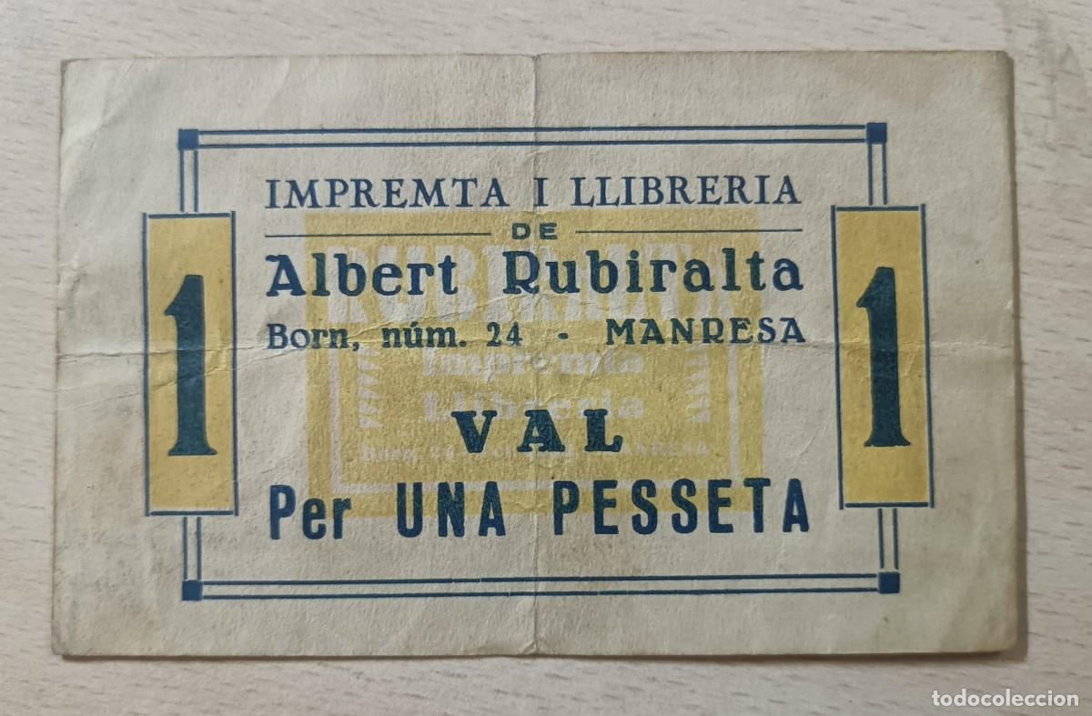 Billetes locales: MANRESA. IMPRENTA LLIBRERIA RUBIRALTA. 1 PESSETA