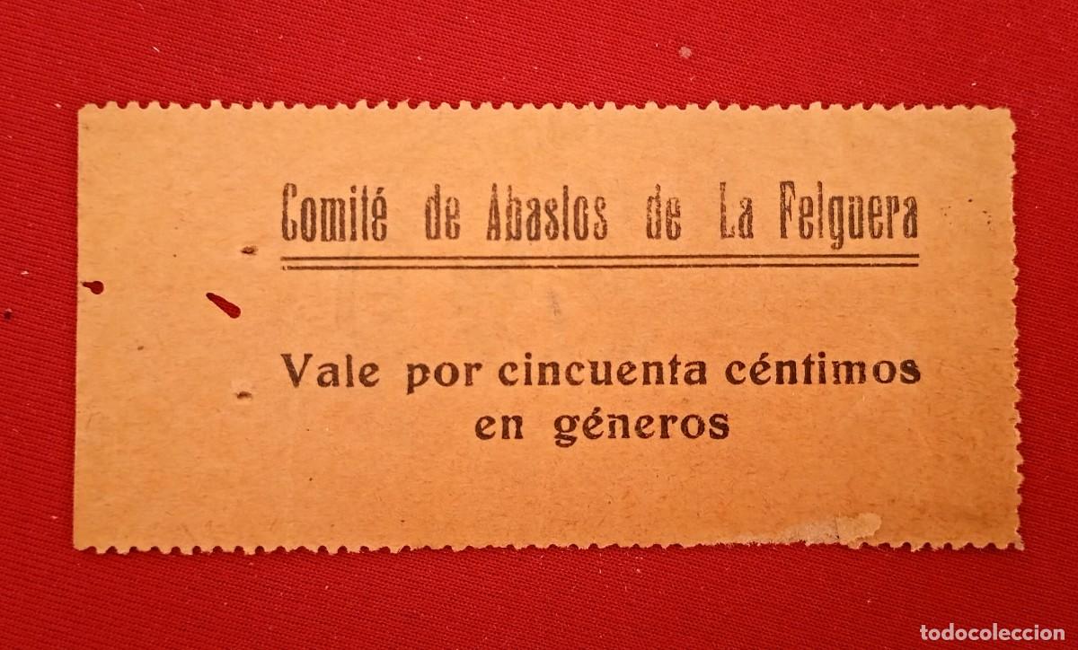 Billetes locales: LA FELGUERA. AYUNTAMIENTO LANGREO. COMIT&Eacute; ABASTOS. 50 CENTIMOS EN GENEROS