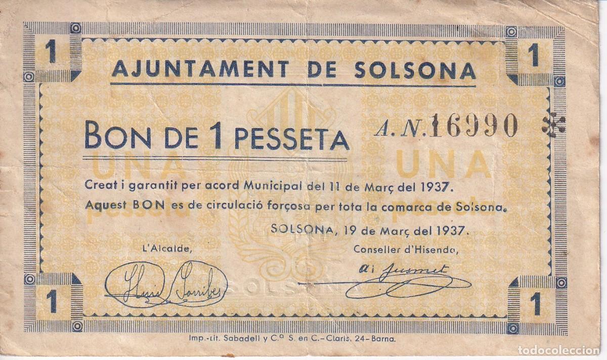 Local Banknotes: BILLETE DE 1 PESETA DEL AJUNTAMENT DE SOLSONA DEL 11 MARZO 1937