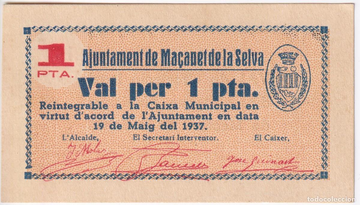 Billetes locales: BILLETE DE 1 PESETA DEL AJUNTAMENT DE MA&Ccedil;ANET DE LA SELVA DEL A&Ntilde;O 1937 (SIN CIRCULAR)