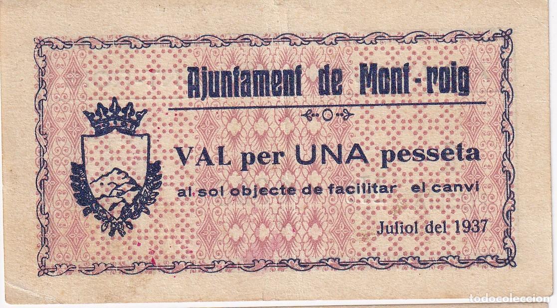 Billets locaux: BILLETE DE 1 PESETA DEL AJUNTAMENT DE MONT-ROIG DEL A&Ntilde;O 1937