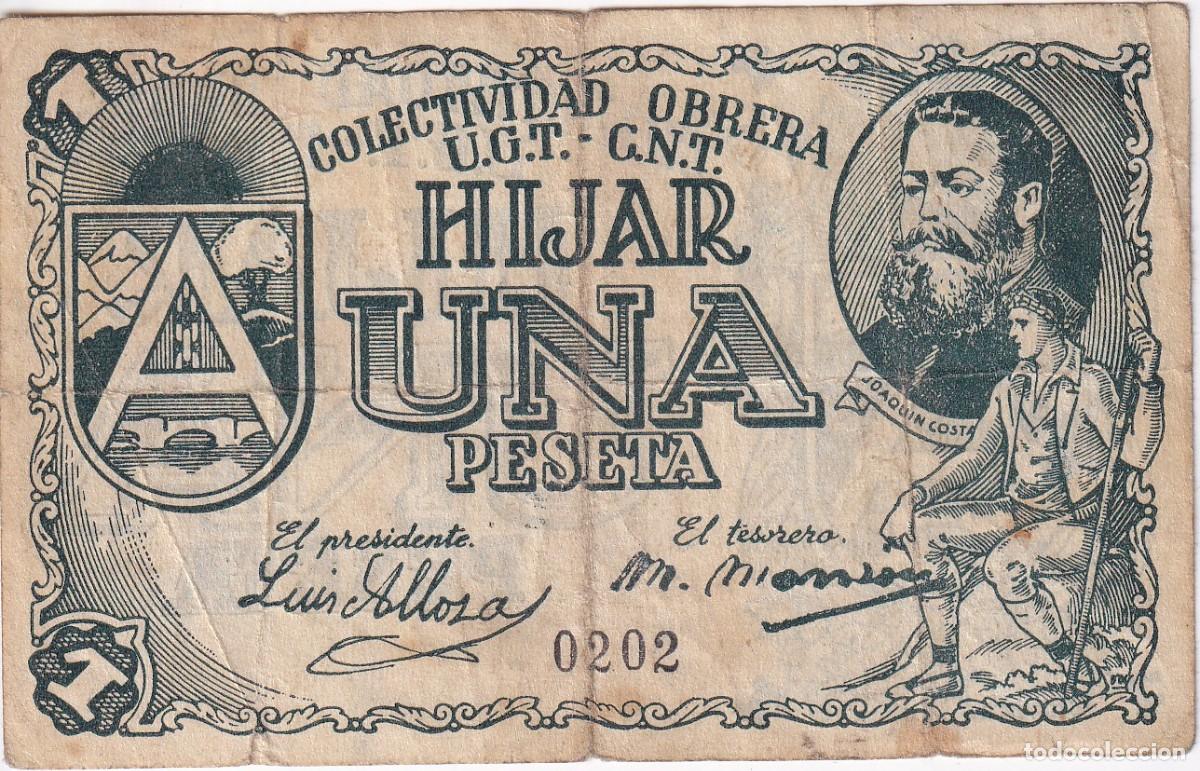 Banconote locali: BILLETE DE 1 PESETA DE LA COLECTIVIDAD OBRERA UGT - CNT DE HIJAR DEL A&Ntilde;O 1937
