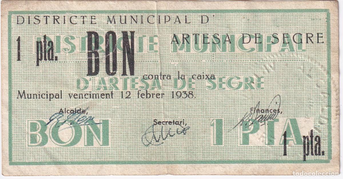 Billetes locales: BILLETE DE 1 PESETA DE ARTESA DE SEGRE DEL 12 DE JULIO 1937