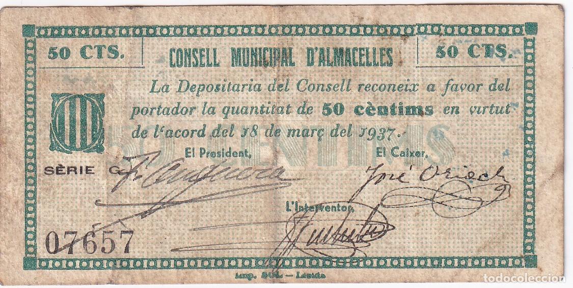 Billetes locales: BILLETE DE 50 CENTIMOS DEL CONSELL MUNICIPAL DE ALMACELLES A&Ntilde;O 1937