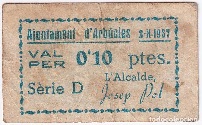 Billetes locales: BILLETE DE 10 CENTIMOS DEL AJUNTAMENT DE ARBUCIES DEL A&Ntilde;O 1937 CON SELLO SECO