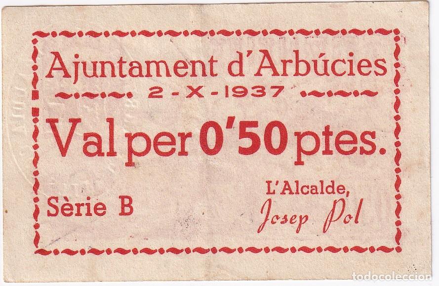 Lokale Banknoten: BILLETE DE 50 CENTIMOS DEL AJUNTAMENT DE ARBUCIES DEL A&Ntilde;O 1937 CON SELLO SECO