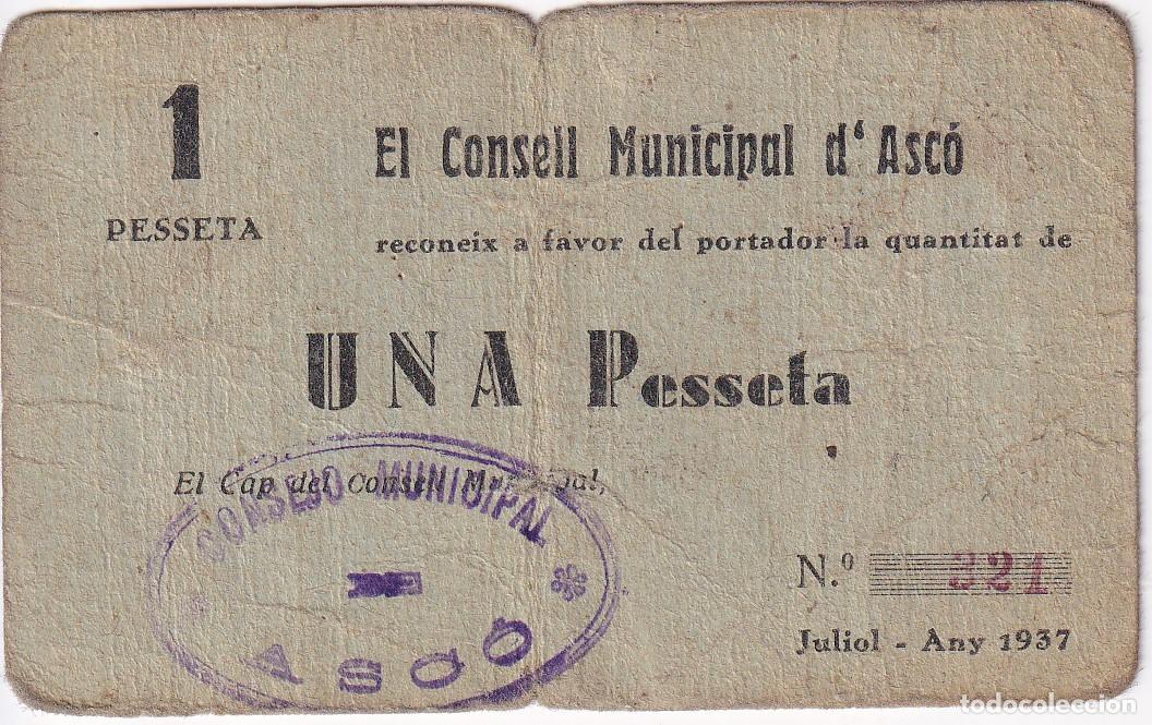 Billetes locales: BILLETE DE 1 PESETA DEL CONSELL MUNICIPAL DE ASCO DEL A&Ntilde;O 1937