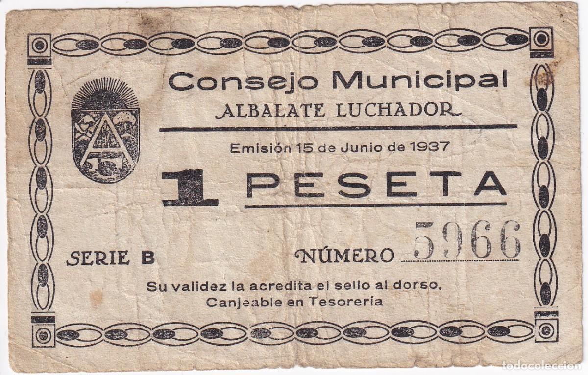 Lokale Banknoten: BILLETE DE 1 PESETA DEL CONSEJO MUNICIPAL DE ALBALATE LUCHADOR DEL A&Ntilde;O 1937 (TERUEL)