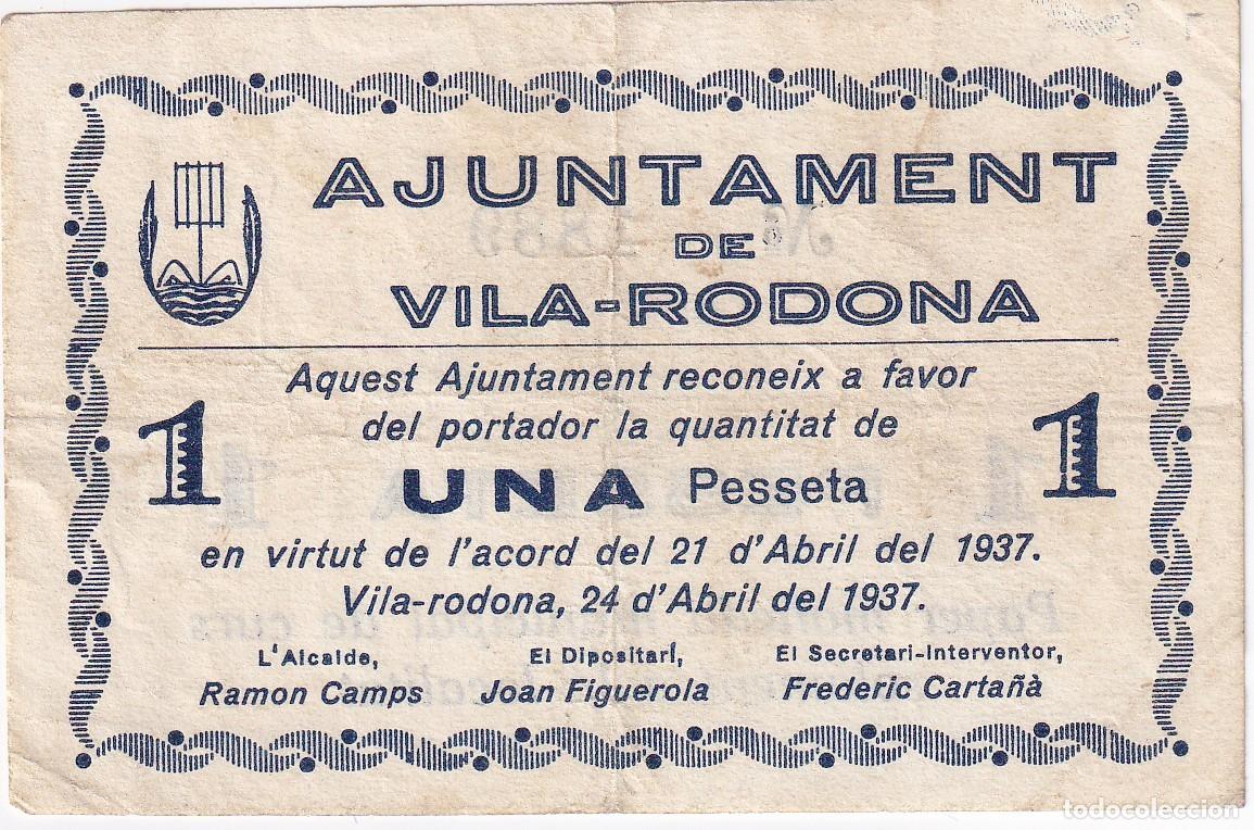 Billetes locales: BILLETE DE 1 PESETA DEL AJUNTAMENT DE VILA-RODONA DEL A&Ntilde;O 1937