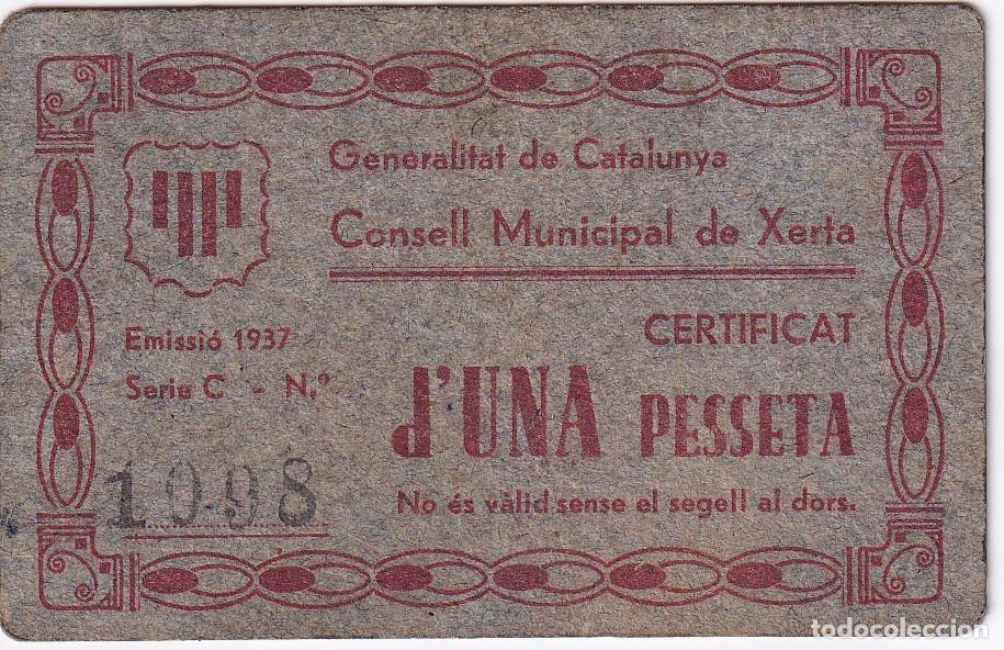 Billetes locales: BILLETE DE 1 PESETA DEL CONSELL MUNICIPAL DE XERTA DEL A&Ntilde;O 1937