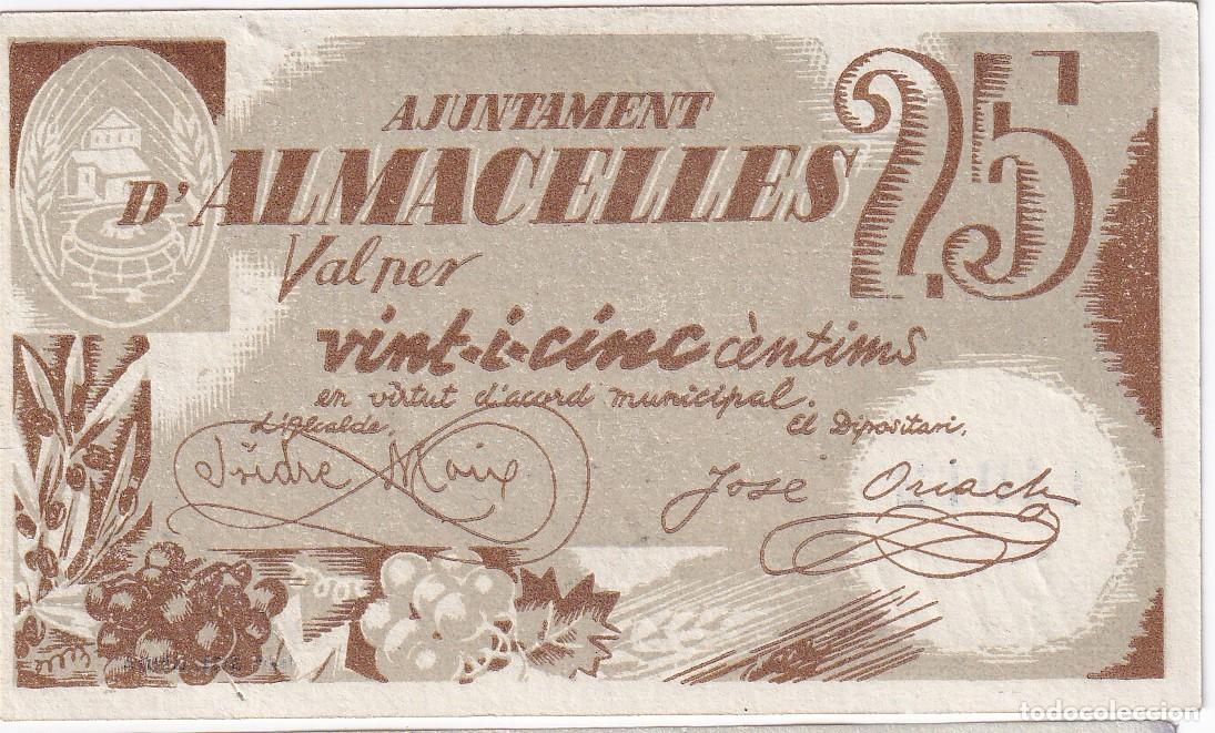 Banconote locali: BILLETE DE 25 CENTIMOS DEL AJUNTAMENT DE ALMACELLES A&Ntilde;O 1937 SIN CIRCULAR