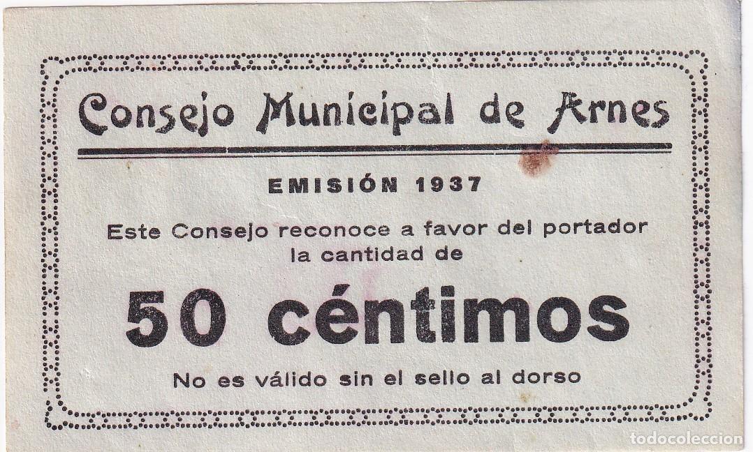Notas locais: BILLETE DE 50 CENTIMOS DEL CONSEJO MUNICIPAL DE ARNES A&Ntilde;O 1937