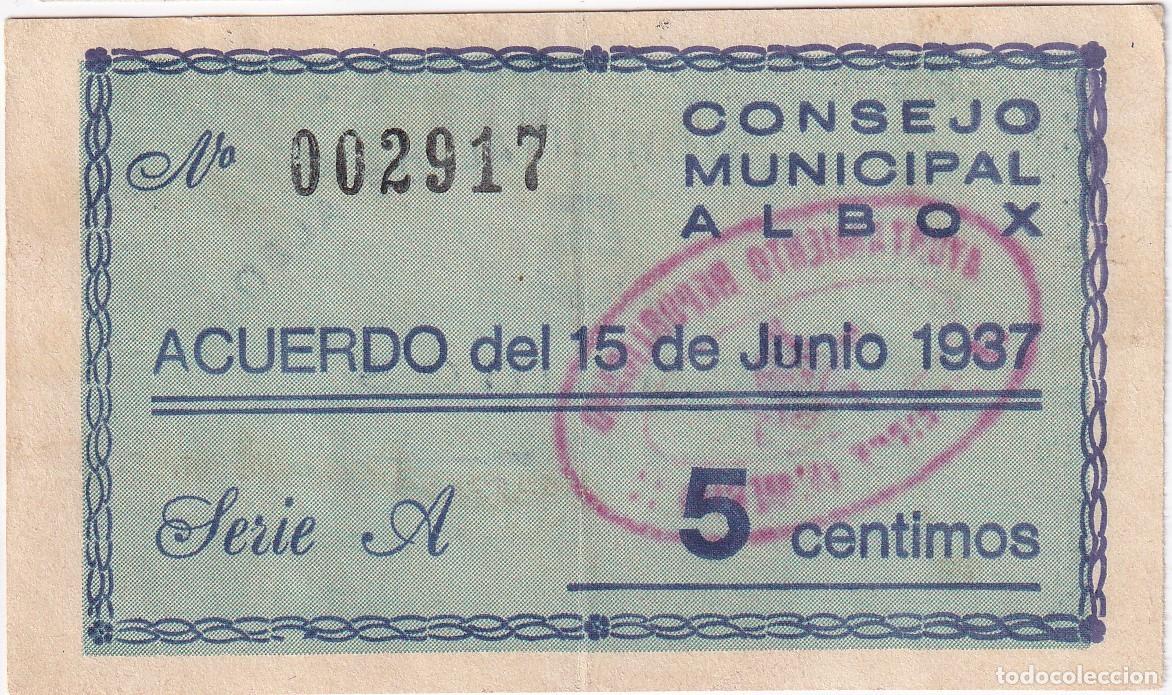 Billets locaux: BILLETE DE 5 CENTIMOS DEL CONSEJO MUNICIPAL DE ALBOX DEL A&Ntilde;O 1937 (ALMERIA)