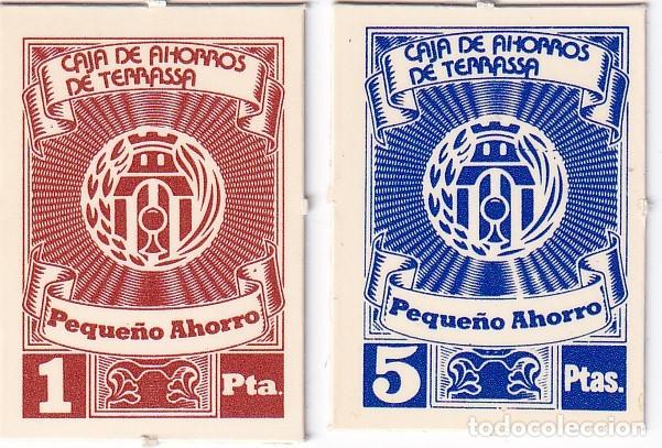 Notas locais: LOTE DE 2 VALES DE 1 Y 5 PESETAS DE LA CAJA DE AHORROS DE TERRASSA