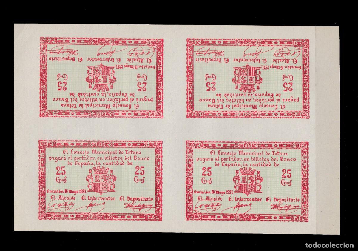 Billetes locales: TOTANA- 25 CENTIMOS DE 1937, BLOQUE DE 4 SIN CORTAR - SIN CIRCULAR