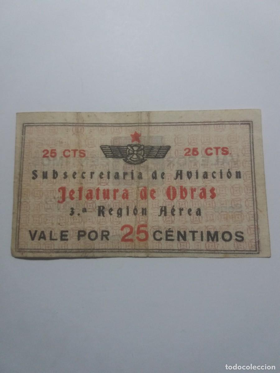 Billetes locales: Billete 25 C&eacute;ntimos Subsecretar&iacute;a Aviaci&oacute;n Jefatura Obras Barcelona 1&ordm; Noviembre 1937