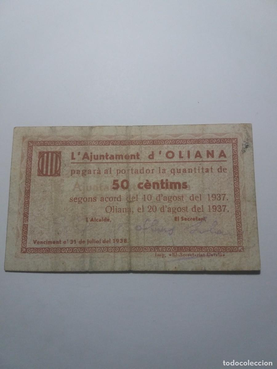 Billetes locales: Billete 50 C&egrave;ntims Ajuntament OLIANA 10 Agost 1937