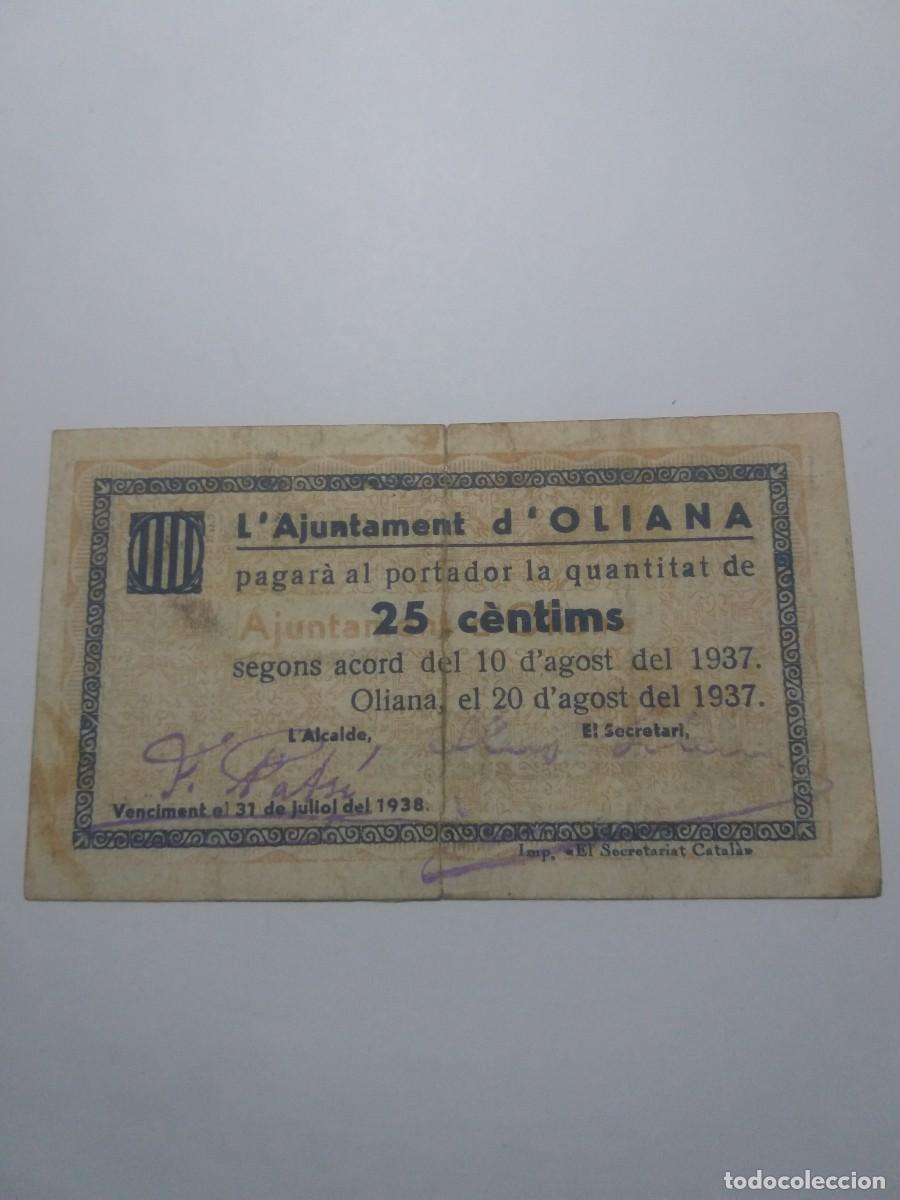 Billetes locales: Billete 25 C&egrave;ntims Ajuntament OLIANA 10 Agost 1937