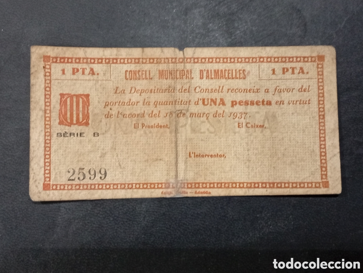 Billetes locales: Billete de 1 peseta 1937 Almacelles guerra civil
