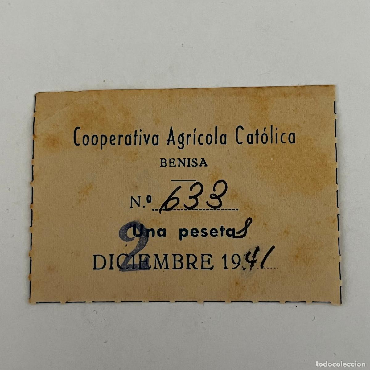 Billetes locales: VALE BENISA (ALICANTE). COOPERATIVA AGRICOLA CATOLICA. 1 PESETA. 1941. RARO. ORIGINAL.