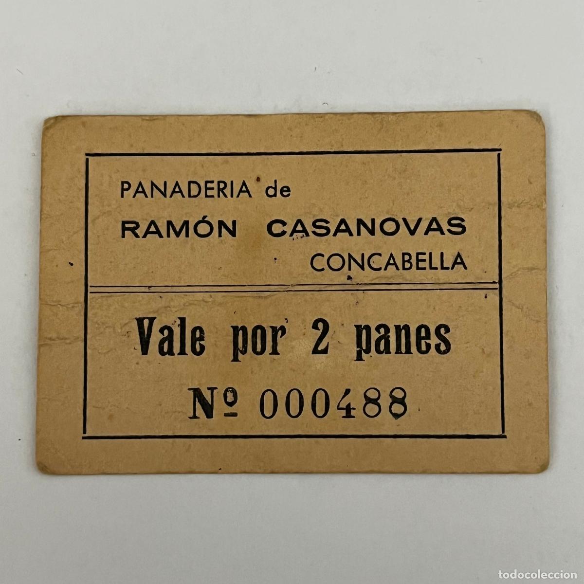 Billetes locales: VALE DE PAN DE CONCABELLA (LLEIDA-LERIDA). VALE POR 2 PANES. PANADERIA DE RAMON CASANOVAS. ORIGINAL.