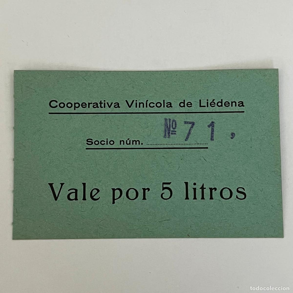 Billetes locales: VALE POR 5 LITROS. COOPERATIVA VINICOLA DE LIEDENA (NAVARRA). CARTULINA.