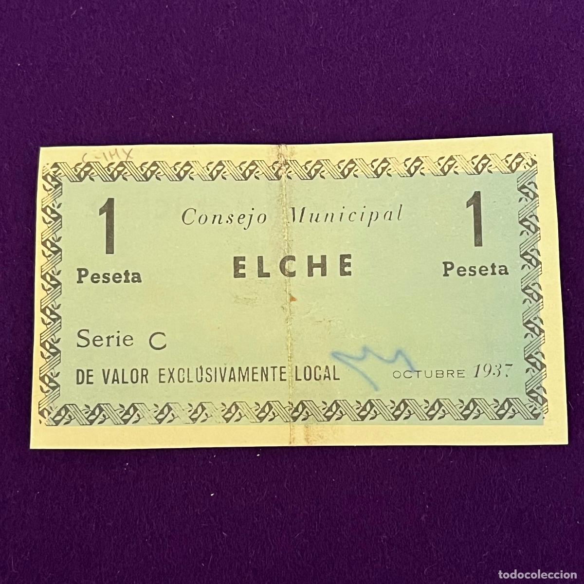 Billetes locales: BILLETE CONSEJO MUNICIPAL DE ELCHE (ALICANTE). 1 PESETA.