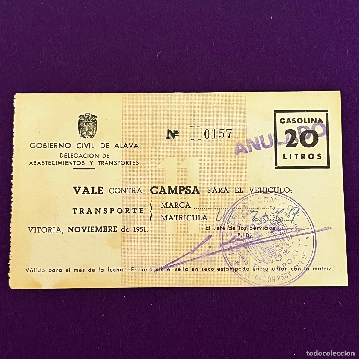 Billetes locales: VALE GOBIERNO CIVIL DE ALAVA. 20 LITROS DE GASOLINA. 1951. ORIGINAL.