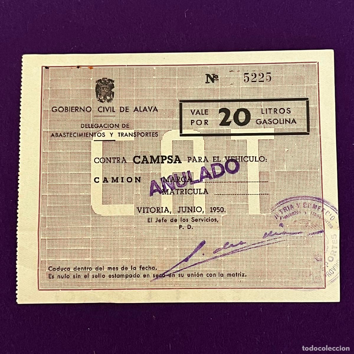 Billetes locales: VALE GOBIERNO CIVIL DE ALAVA. 20 LITROS DE GASOLINA. 1950. ORIGINAL.
