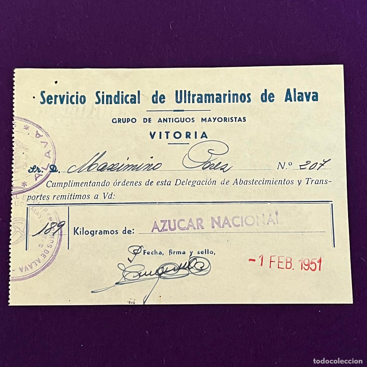 Billetes locales: VALE SERVICIO SINDICAL DE ULTRAMARINOS DE ALAVA. VALE DE AZUCAR. 1951. ORIGINAL.