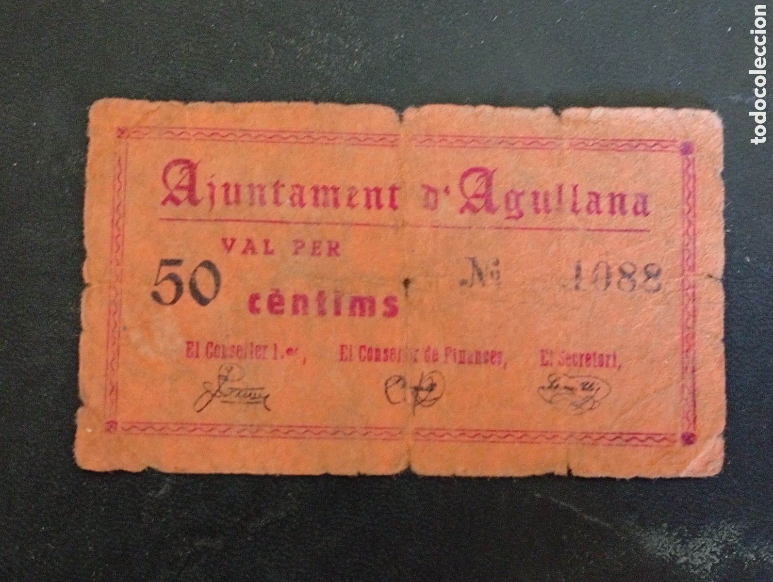 Billetes locales: Billete de 50 c&egrave;ntims Agullana 1937 guerra civil Girona