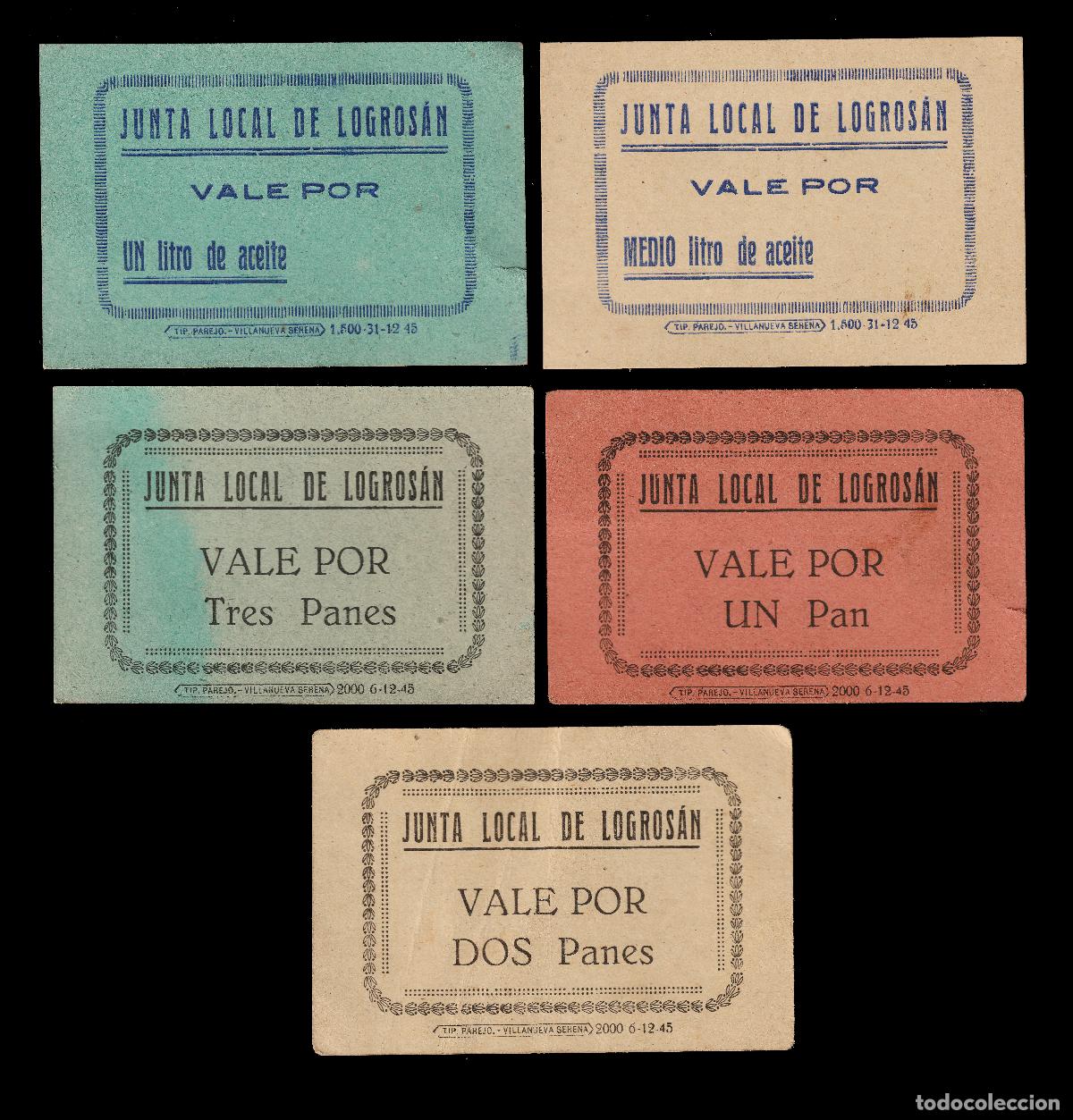 Billetes locales: *** LOTE X 5 VALES DE PAN Y ACEITE, JUNTA LOCAL DE LOGROS&Aacute;N (C&Aacute;CERES, EXTREMADURA) ***