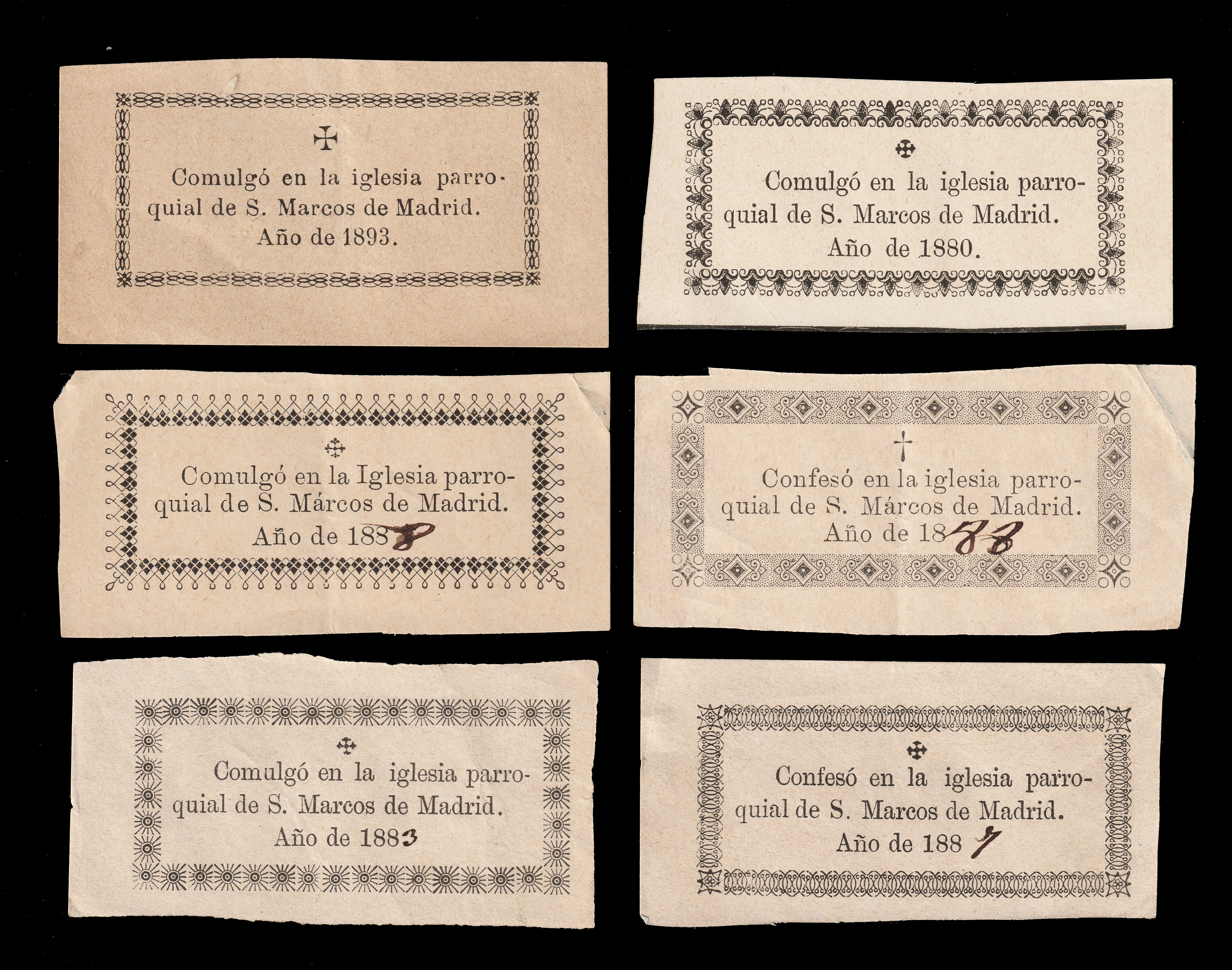 Billetes locales: *** INTERESANTE LOTE X 6 RECUERDOS DE COMULG&Oacute;. IGLESIA SAN ROM&Aacute;N MADRID. 1880 A 1893 ***
