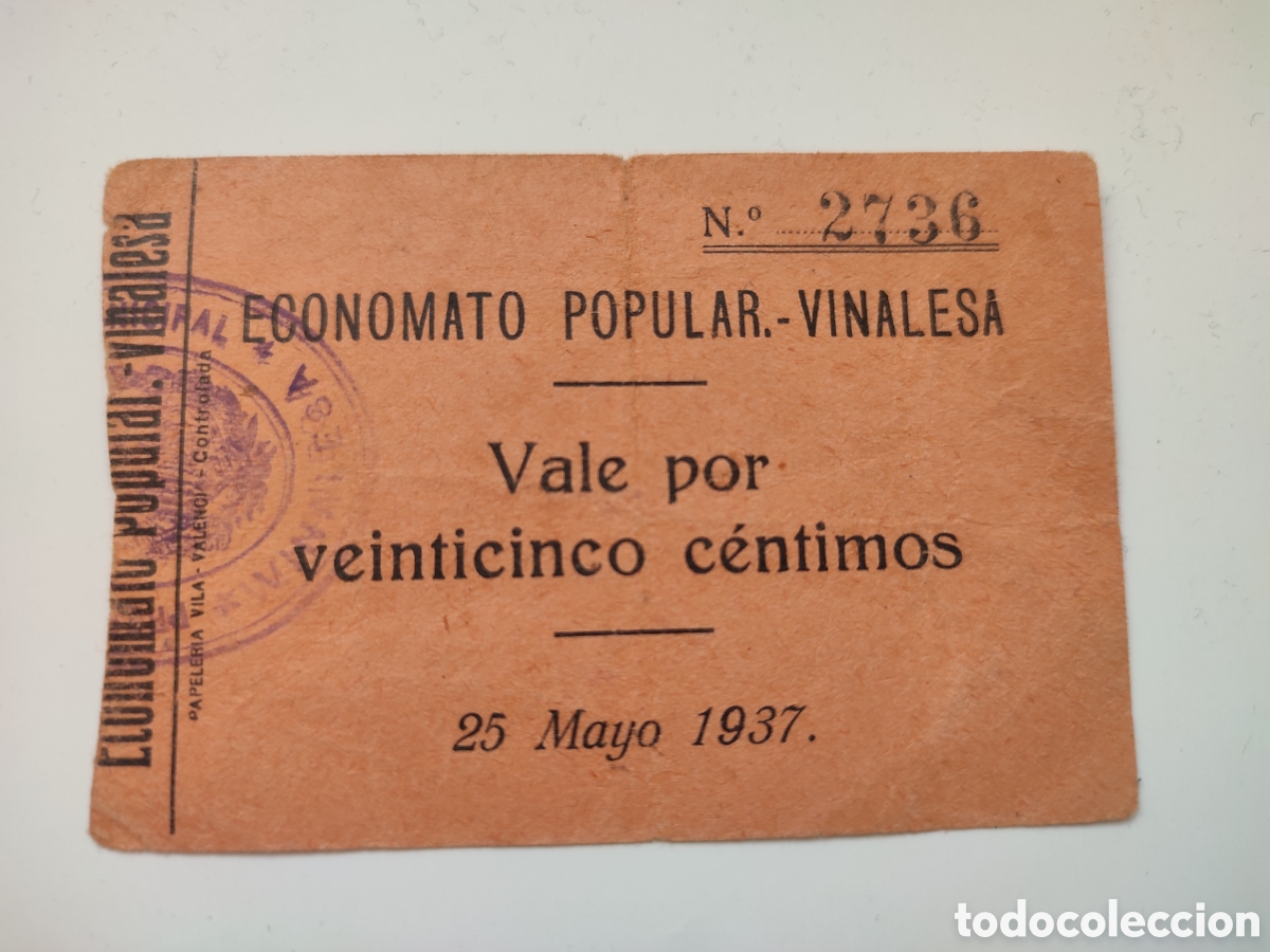 Billetes locales: 1&deg; EMISI&Oacute;N VINALESA (VALENCIA)
