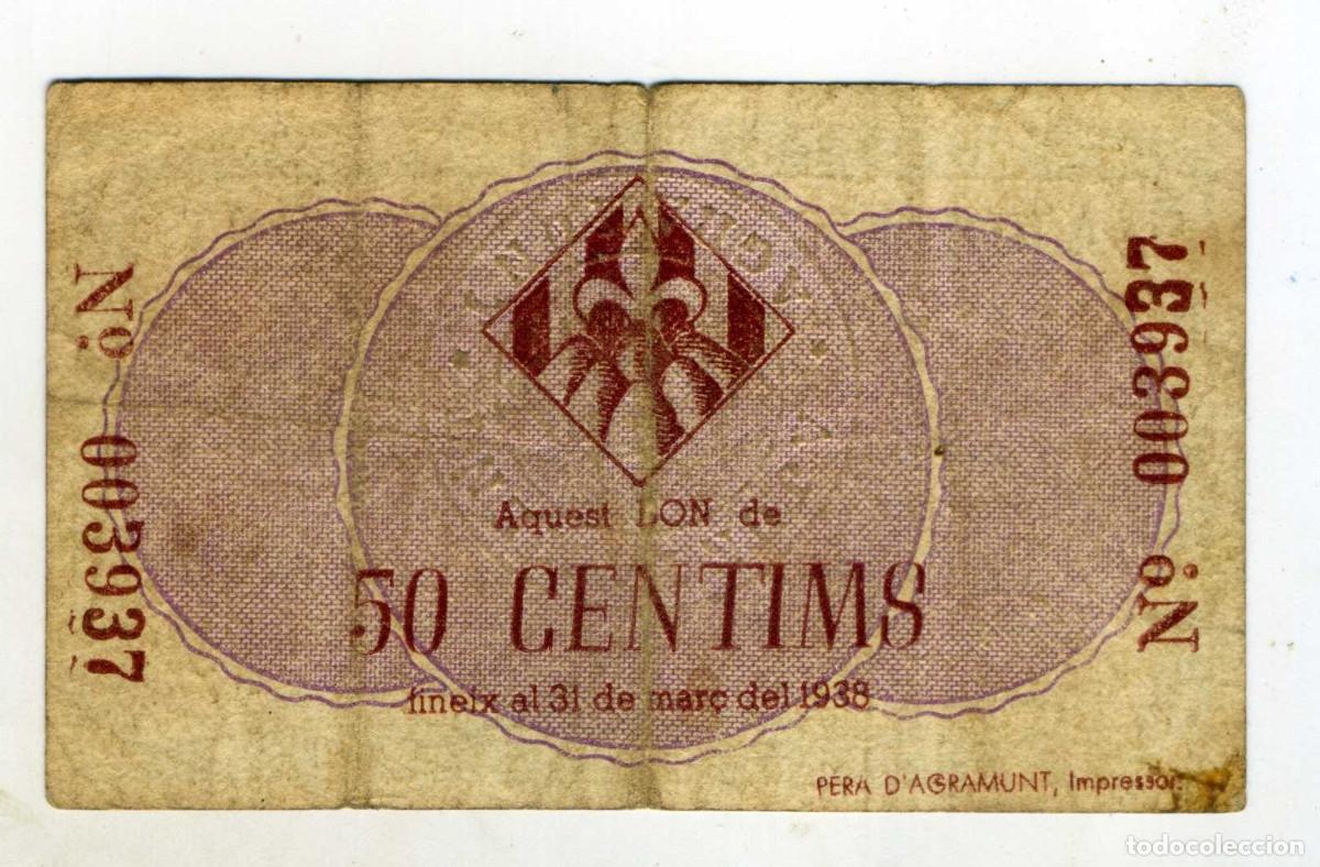 Billetes locales: XS- AGRAMUNT 50 C&egrave;ntims 1937 GUERRA CIVIL Mar&ccedil; 1937 T-6 (E) ESC&Agrave;S