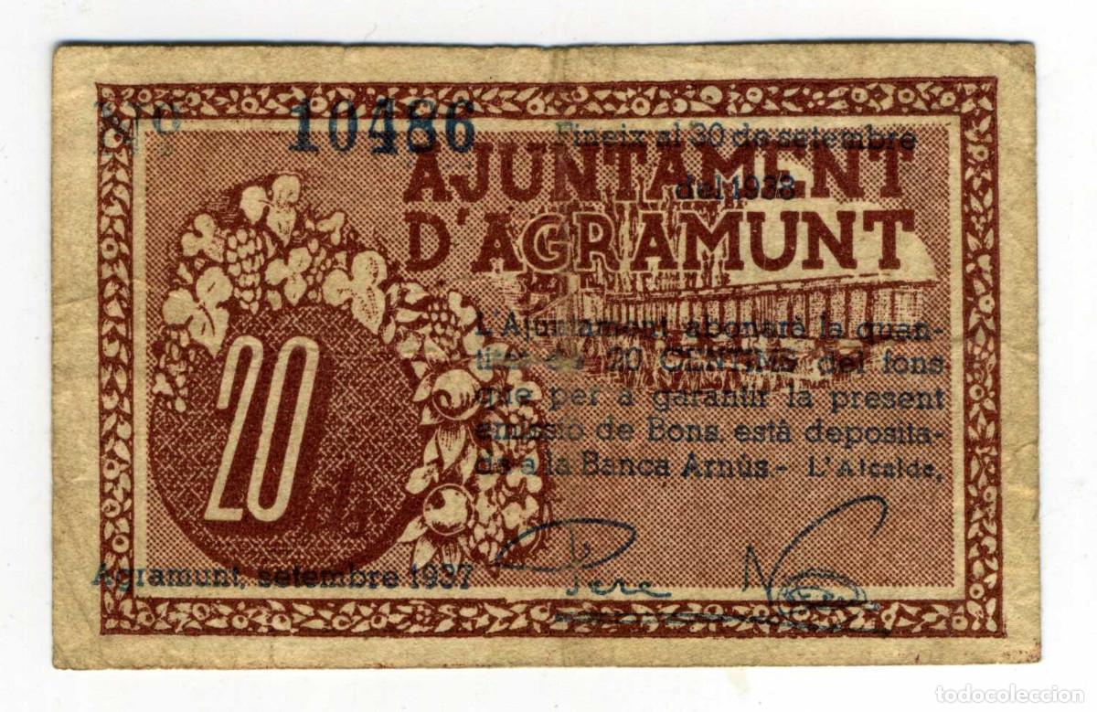 Billetes locales: XS- AGRAMUNT 20 C&egrave;ntims 1937 GUERRA CIVIL Setembre 1937 T-8a (E) ESC&Agrave;S