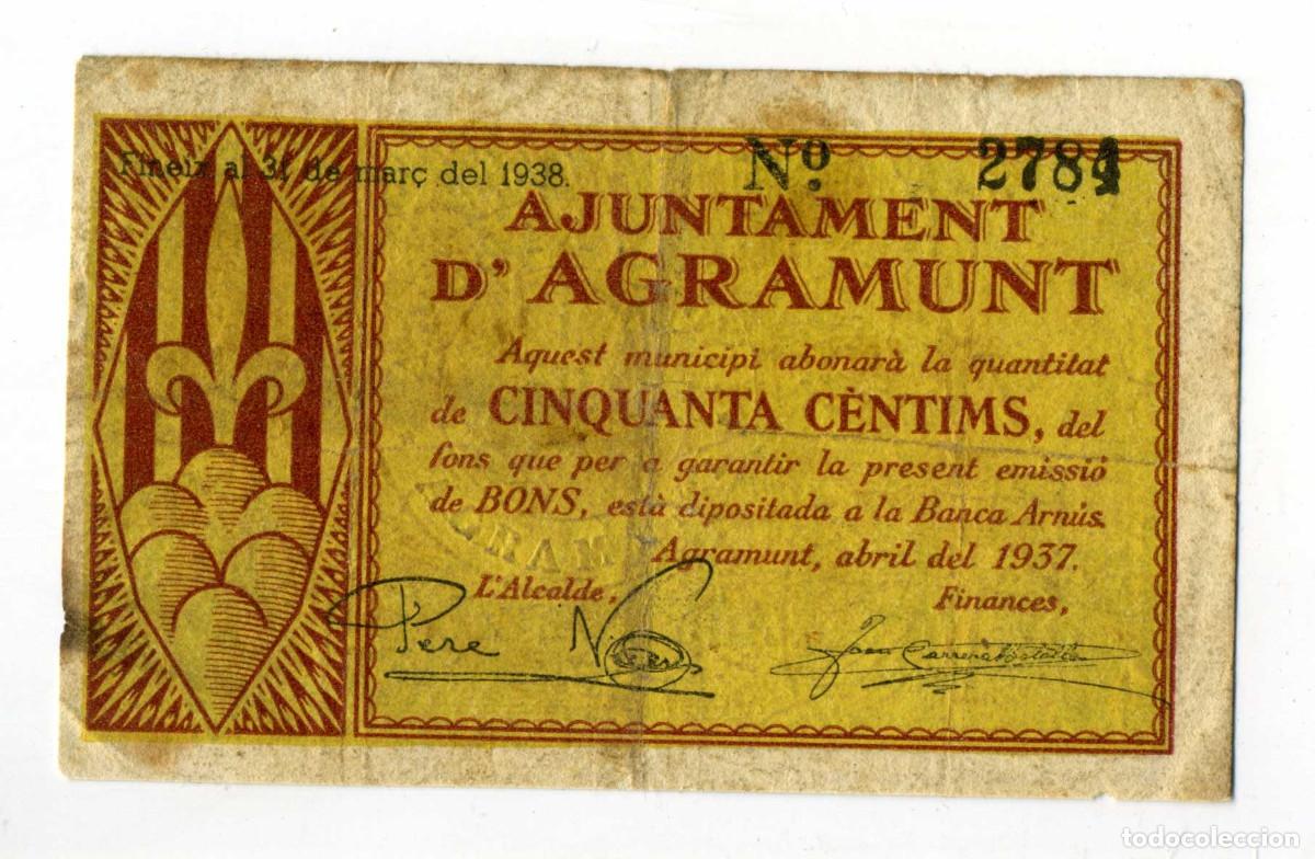Billetes locales: XS- AGRAMUNT 50 C&egrave;ntims 1937 GUERRA CIVIL Abril 1937 T-7 (E) ESC&Agrave;S