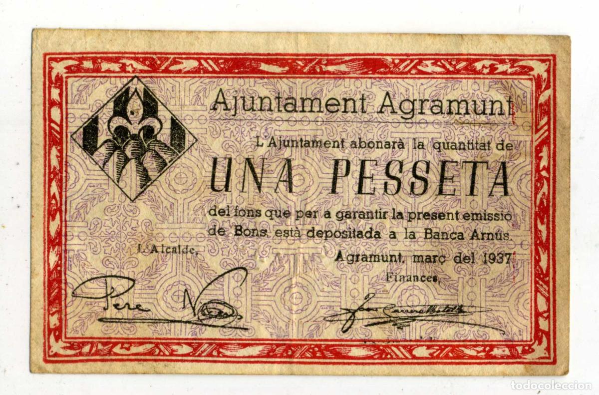 Billetes locales: XS- AGRAMUNT 1 Pesseta MARC ROIG 1937 GUERRA CIVIL Mar&ccedil; 1937 T-5var