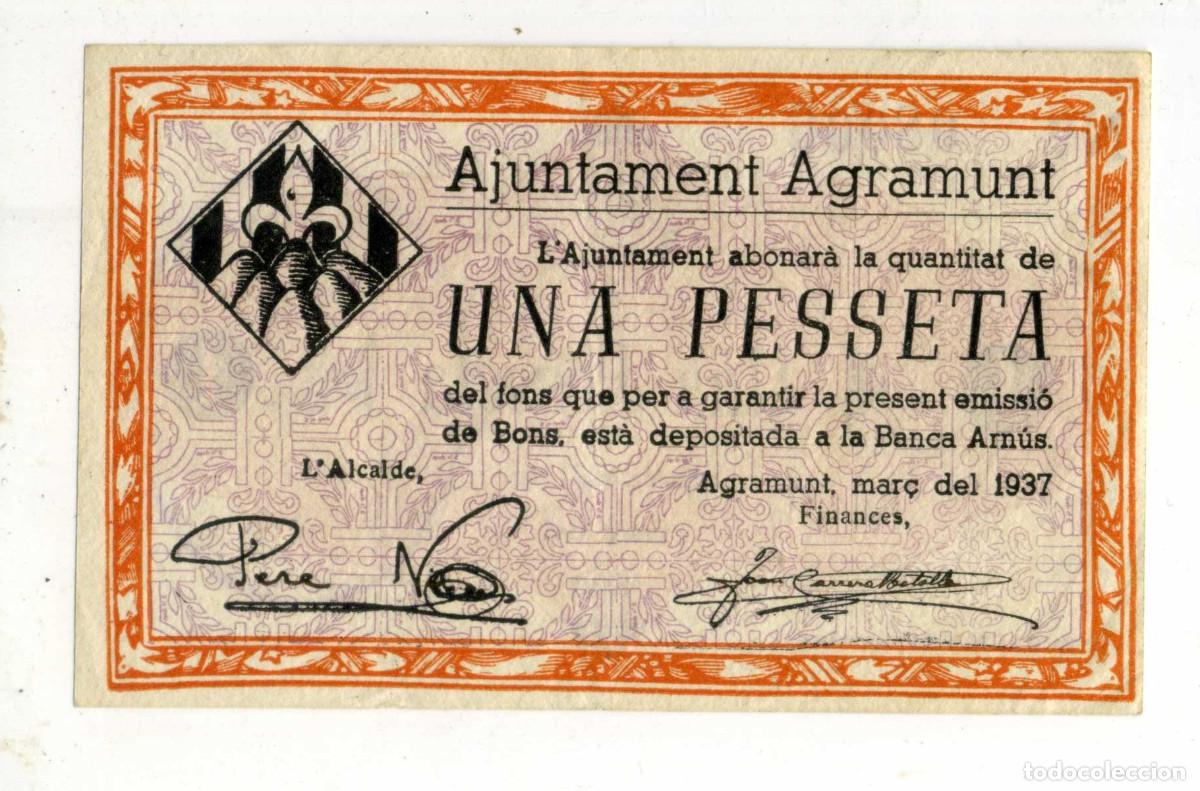 Billetes locales: XS- AGRAMUNT 1 Pesseta MARC TARONJA 1937 GUERRA CIVIL Mar&ccedil; 1937 Segell tamp&oacute; T-5var