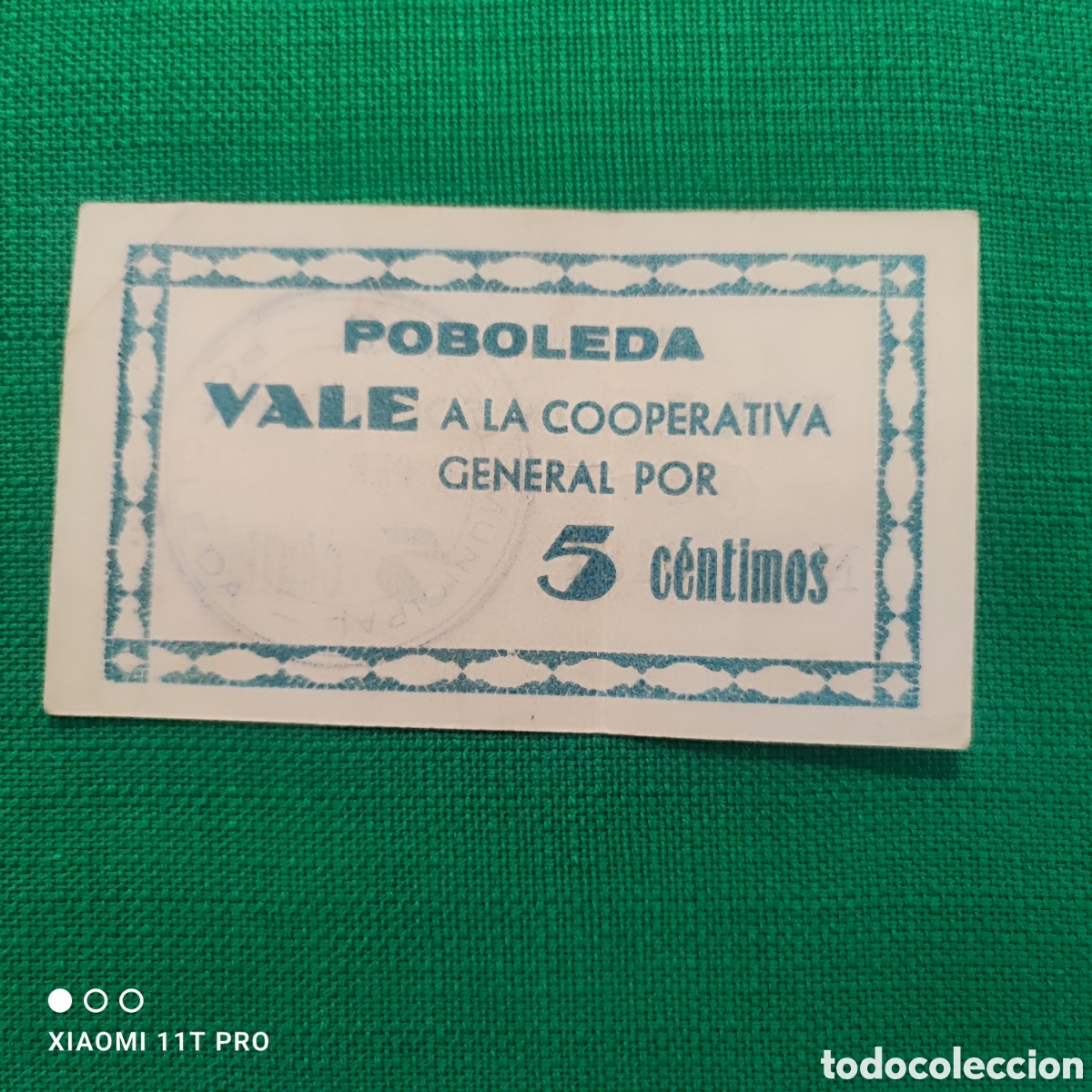 Billetes locales: Billete municipal, vale cooperativa Poboleda 5cts.