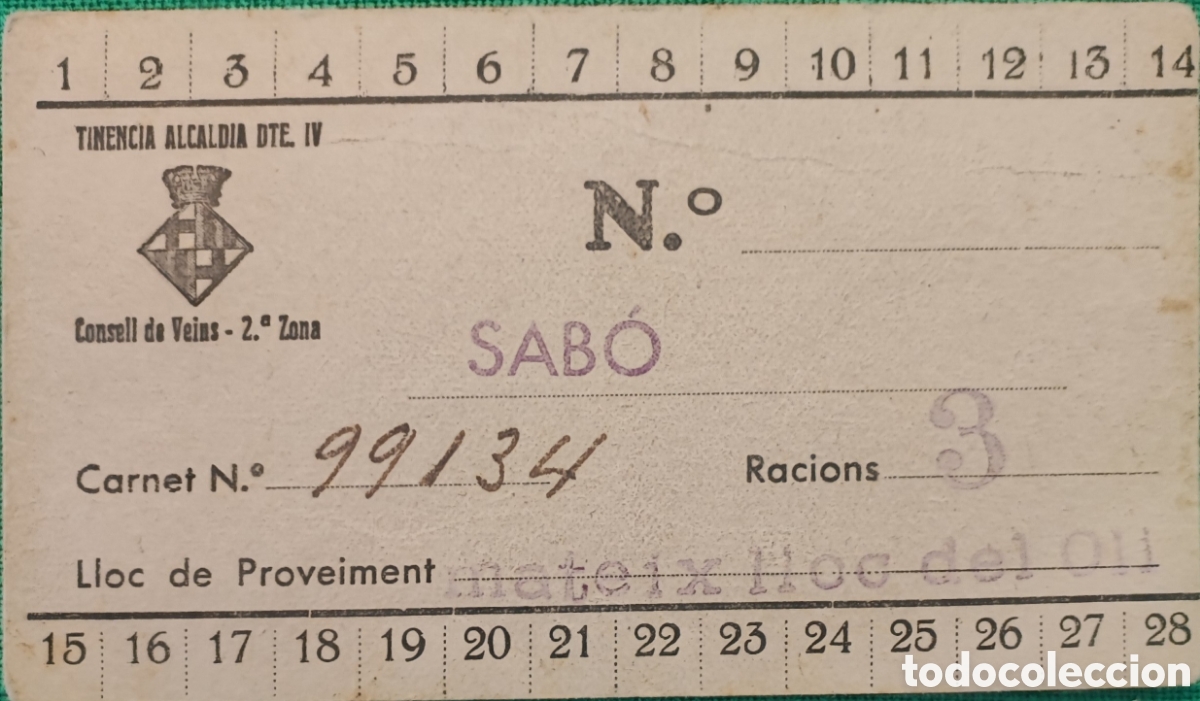Billetes locales: Carnet de racionamiento de &rdquo; sabo &rdquo; Barcelona