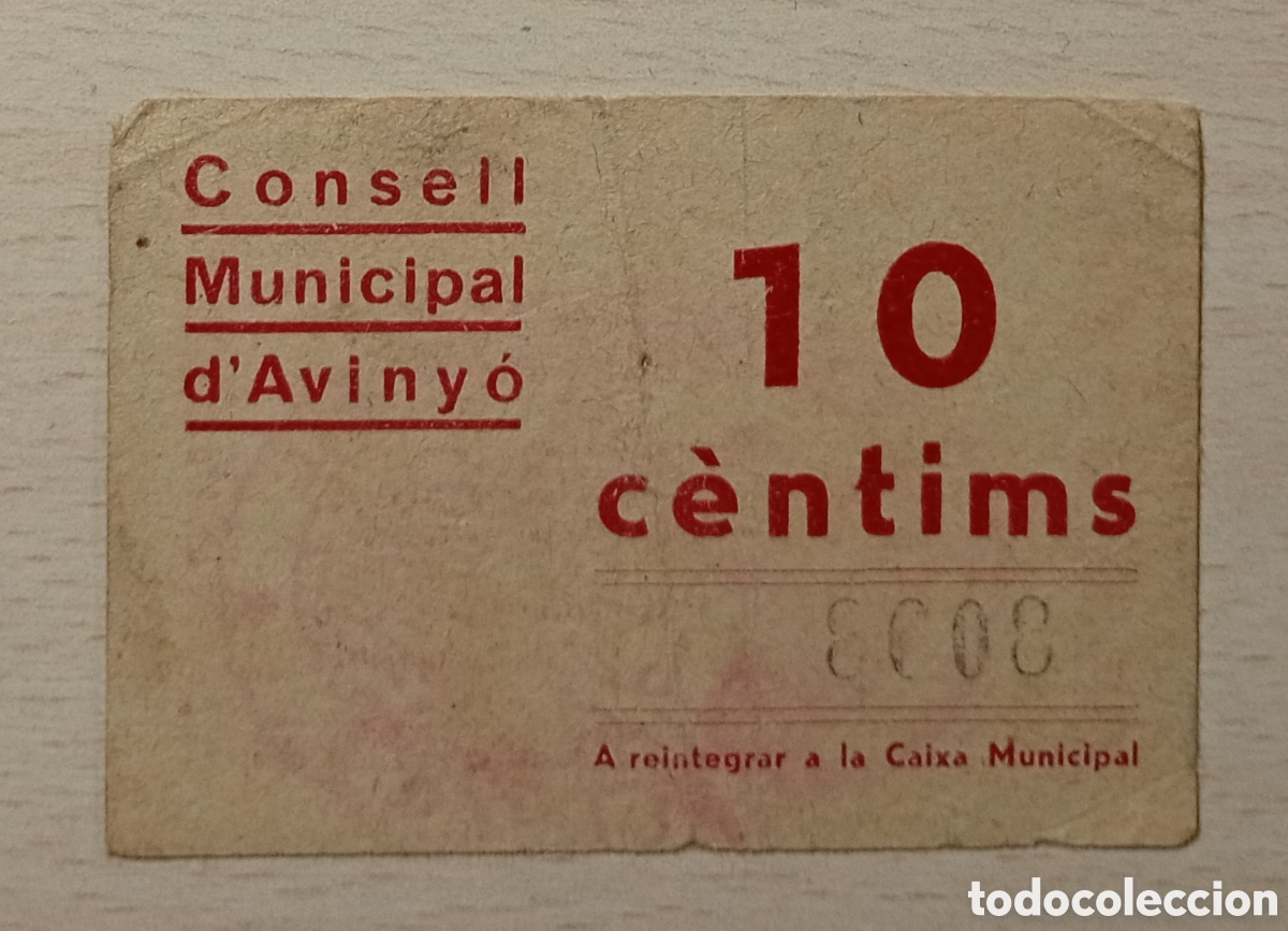 Billetes locales: AVINYO. CONSELL MUNICIPAL. 10 CENTIMS