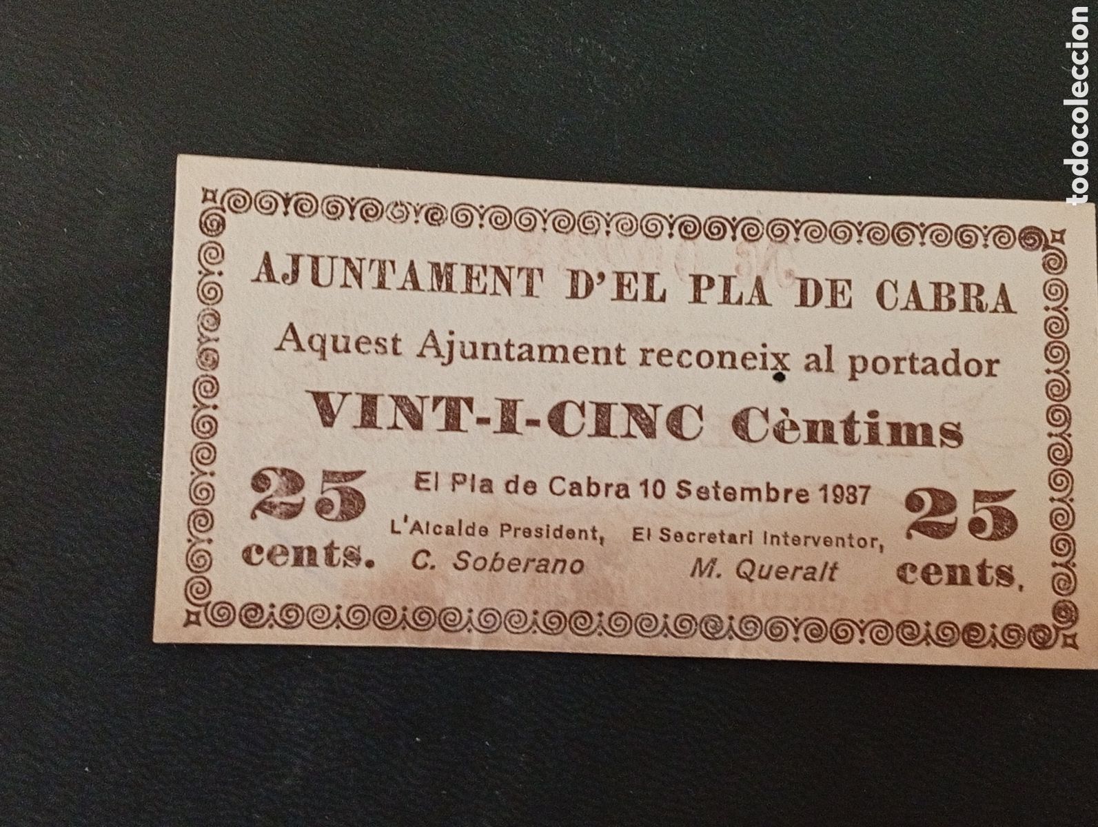 Billetes locales: Billete de 25 c&egrave;ntims Pla de la Cabra 1937 Tarragona