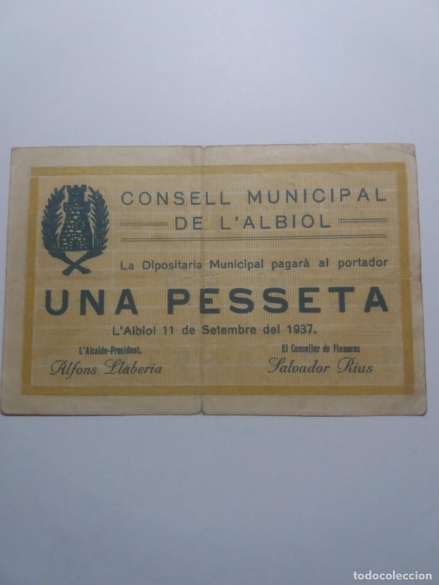 Billetes locales: Billete 1 Pesseta Consell Municipal L'ALBIOL 11 Setembre 1937